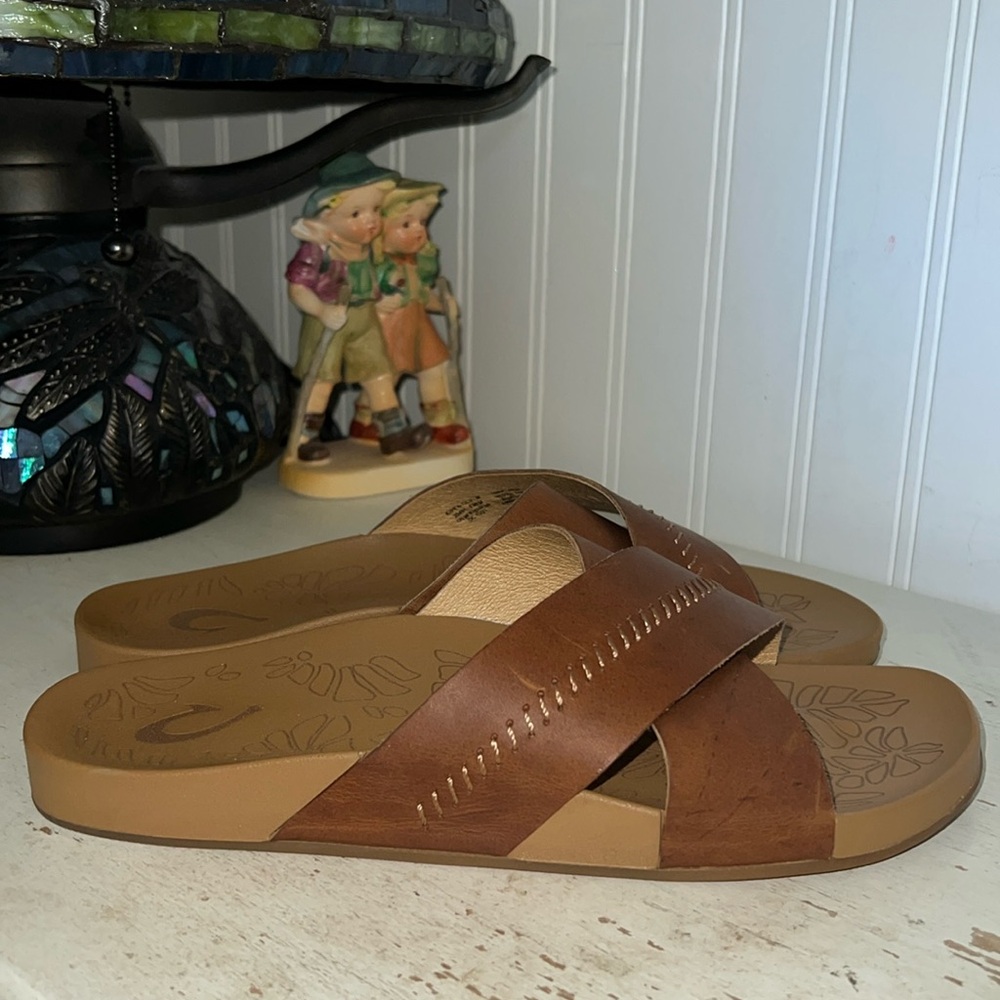 OluKai Brown Leather Cross-Strap Sandals